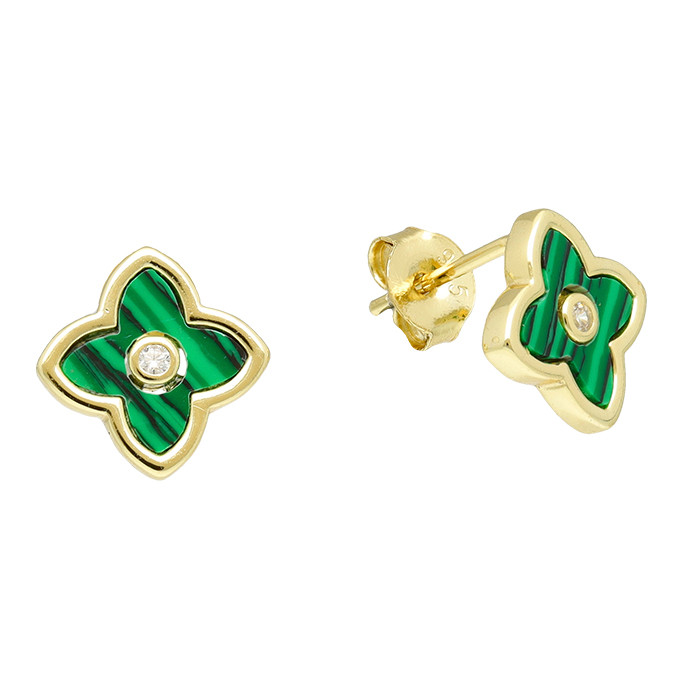 PENDIENTES EN PLATA DORADA FLOR VERDE CIRCONITA