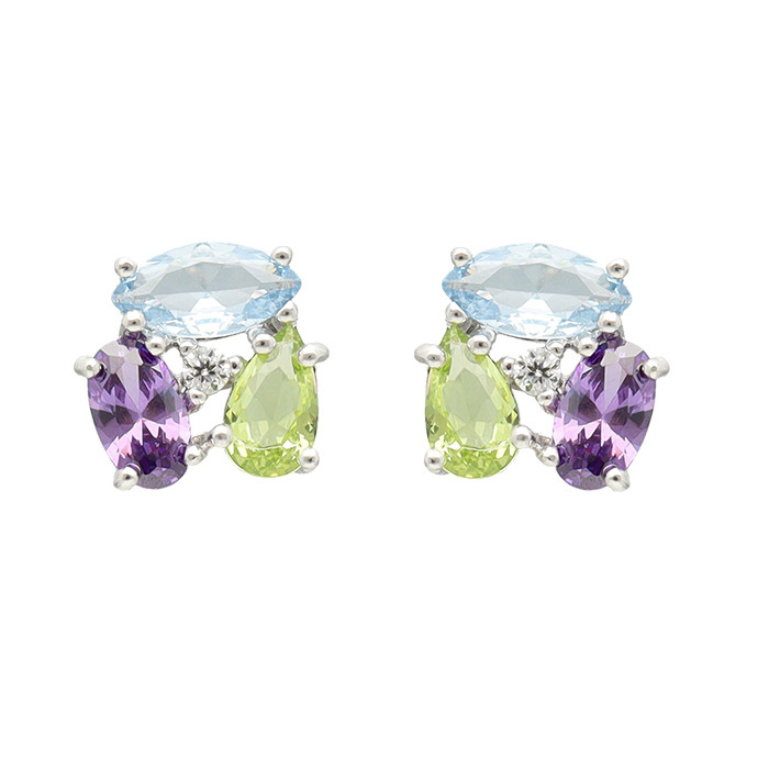 PENDIENTES EN PLATA BOTÓN TRES PIEDRAS AZUL,VERDE Y MORADO