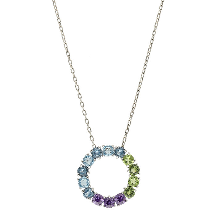 GARGANTILLA EN PLATA CIRCULO CIRCONITAS COLOR VERDE,MORADO AZUL