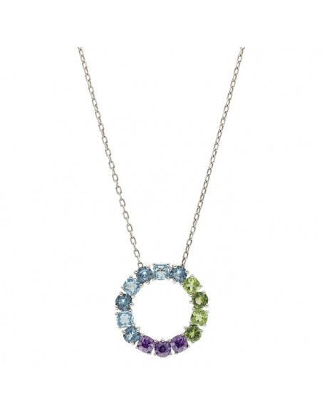GARGANTILLA EN PLATA CIRCULO CIRCONITAS COLOR VERDE,MORADO AZUL