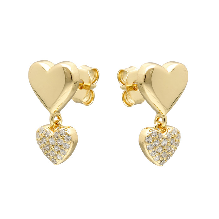 PENDIENTES LARGOS EN PLATA DORADA DOBLE CORAZÓN LISO /CIRCONITAS