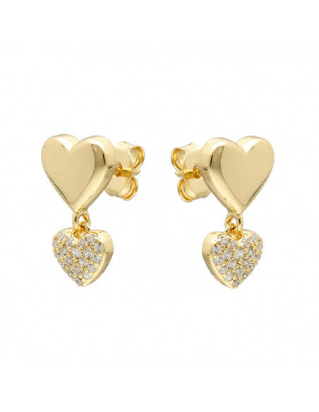 PENDIENTES LARGOS EN PLATA DORADA DOBLE CORAZÓN LISO /CIRCONITAS