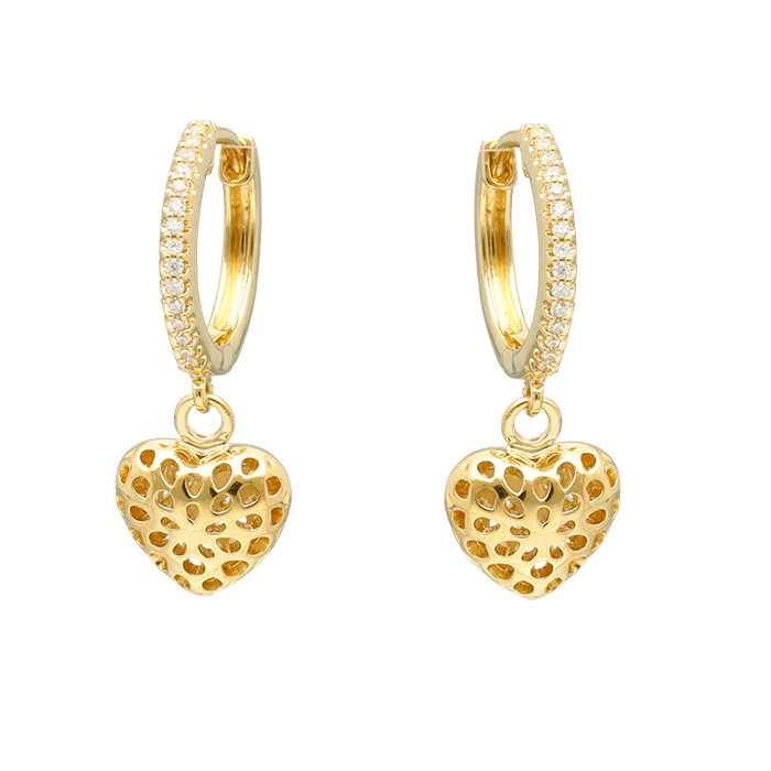PENDIENTES EN PLATA DORADA CRIOLLA CIRCONITAS CORAZÓN CALADO