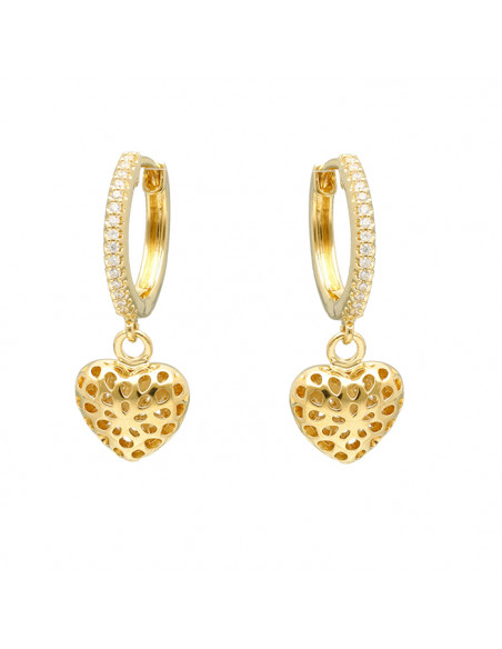 PENDIENTES EN PLATA DORADA CRIOLLA CIRCONITAS CORAZÓN CALADO
