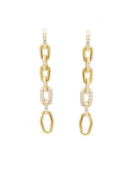 PENDIENTES LARGOS EN PLATA DORADA CADENA MALLA LISA COMBI CIRCONITAS