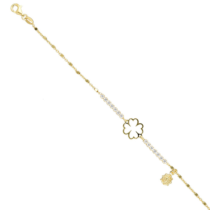 PULSERA EN PLATA DORADA CHAPITAS CIRCONITAS TRÉBOL CALADO