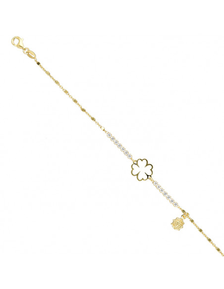 PULSERA EN PLATA DORADA CHAPITAS CIRCONITAS TRÉBOL CALADO