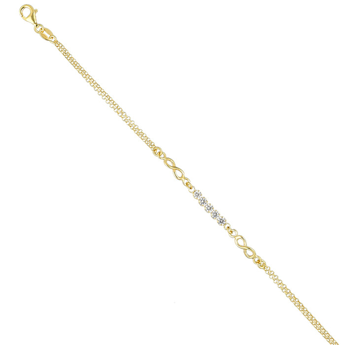 PULSERA EN PLATA DORADA DOBLE MALLA ROLO CIRCONITAS INFINITOS
