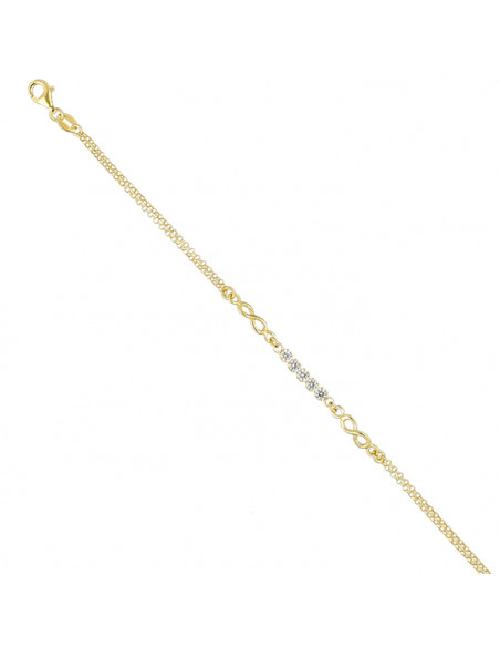 PULSERA EN PLATA DORADA DOBLE MALLA ROLO CIRCONITAS INFINITOS