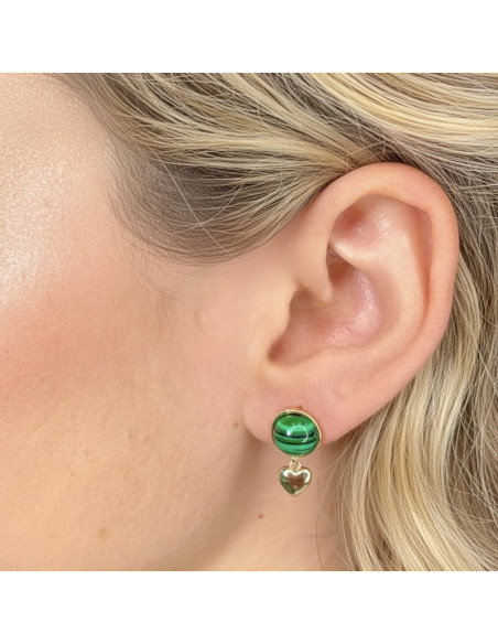 PENDIENTES EN PLATA DORADA MEDIA BOLA VERDE CORAZÓN COLGANDO