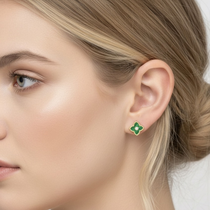 PENDIENTES EN PLATA DORADA FLOR VERDE CIRCONITA 2
