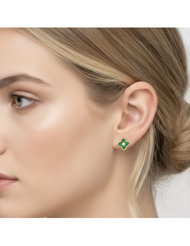 PENDIENTES EN PLATA DORADA FLOR VERDE CIRCONITA