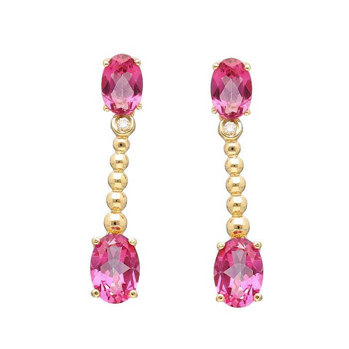 PENDIENTES EN ORO CON DIAMANTES LARGOS Y TOPACIO ROSA