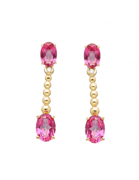 PENDIENTES EN ORO CON DIAMANTES LARGOS Y TOPACIO ROSA
