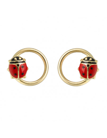 PENDIENTES EN ORO CON ARO Y MARIQUITA CON ESMALTE