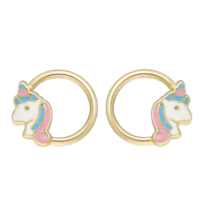 PENDIENTES EN ORO FORMA ARO Y UNICORNIO CON ESMALTE
