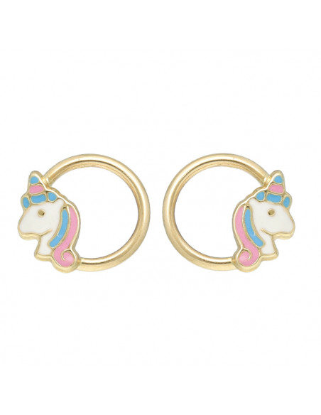 PENDIENTES EN ORO FORMA ARO Y UNICORNIO CON ESMALTE