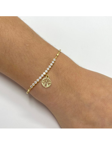 PULSERA EN PLATA DORADA CHAPITAS ÁRBOL CIRCONITAS