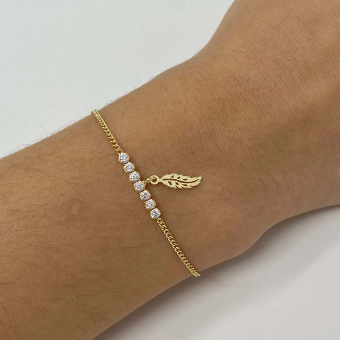 PULSERA EN PLATA DORADA CIRCONITAS PLUMA CALADA 2