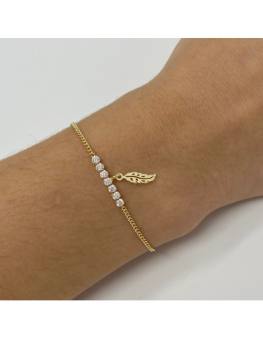 PULSERA EN PLATA DORADA CIRCONITAS PLUMA CALADA