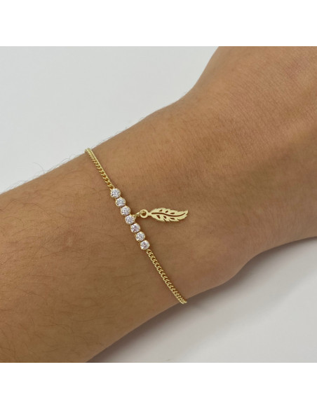 PULSERA EN PLATA DORADA CIRCONITAS PLUMA CALADA