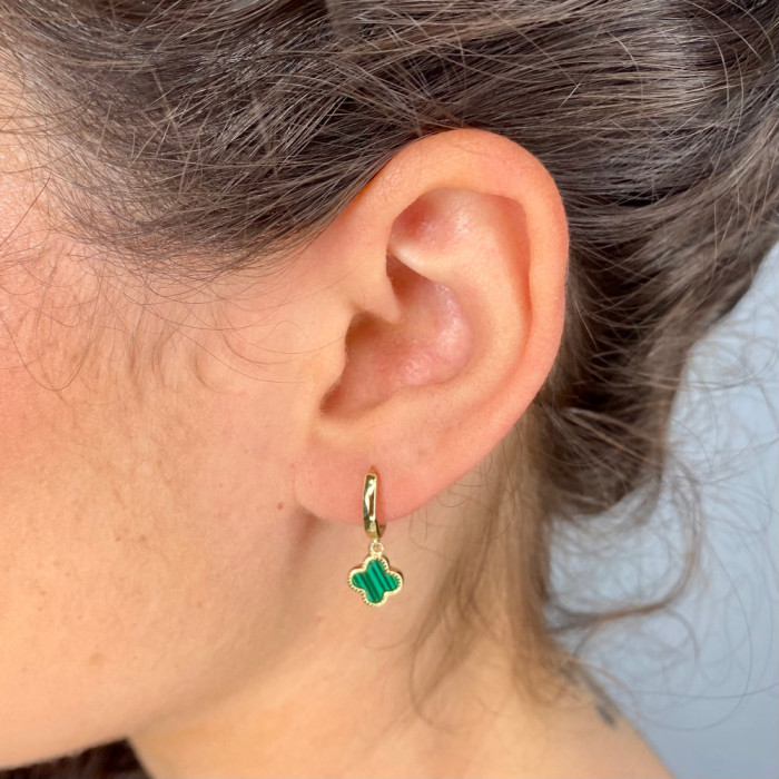 PENDIENTES EN PLATA DORADA CRIOLLA TREBOL VERDE COLGANTE 2