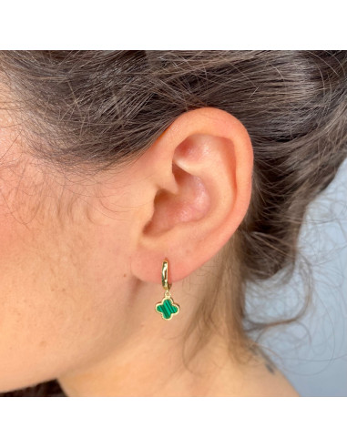PENDIENTES EN PLATA DORADA CRIOLLA TREBOL VERDE COLGANTE