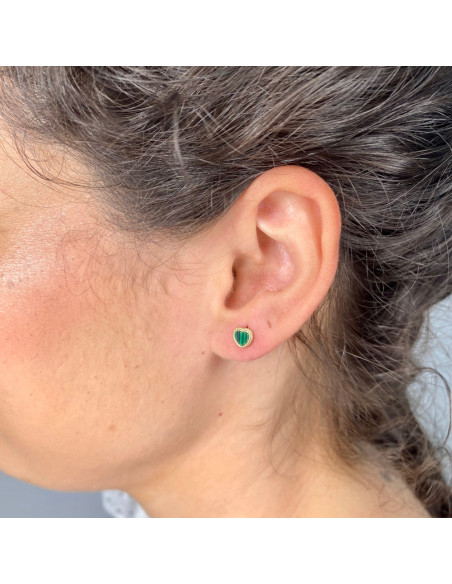 PENDIENTES EN PLATA DORADA CORAZÓN VERDE