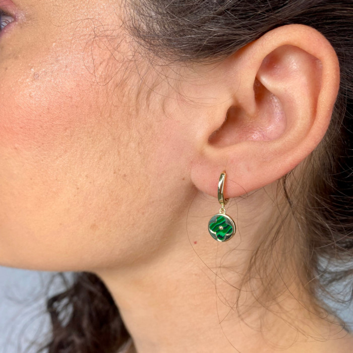 PENDIENTES EN PLATA DORADA ARO CIRCULO TREBOL COLGANTE 2