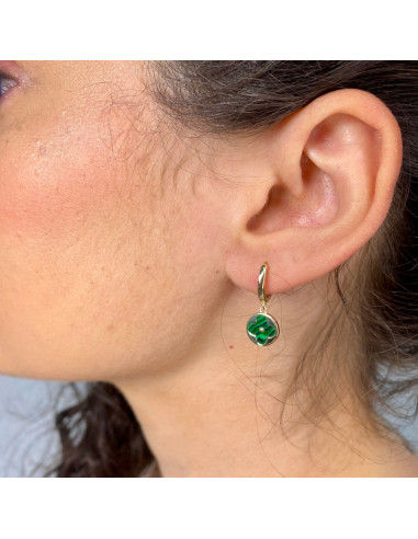 PENDIENTES EN PLATA DORADA ARO CIRCULO TREBOL VERDE  COLGANTE