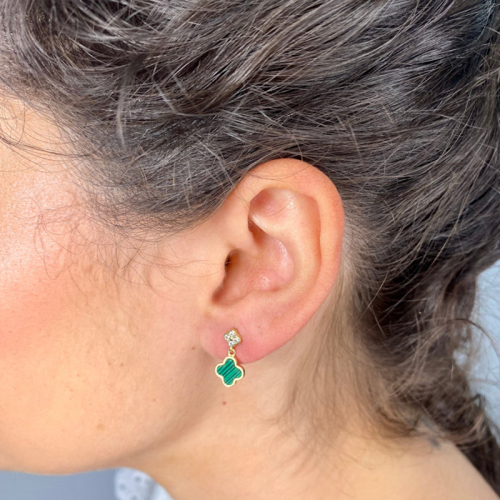 PENDIENTES EN PLATA DORADA CON TRÉBOL CIRCONITAS Y TRÉBOL VERDE 2
