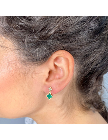 PENDIENTES EN PLATA DORADA CON TRÉBOL CIRCONITAS Y TRÉBOL VERDE