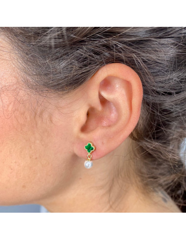 PENDIENTES EN PLATA DORADA CON TRÉBOL VERDE Y PERLA