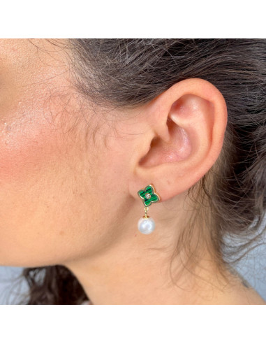 PENDIENTES EN PLATA DORADA CON FLOR VERDE CON CIRCONITA Y PERLA