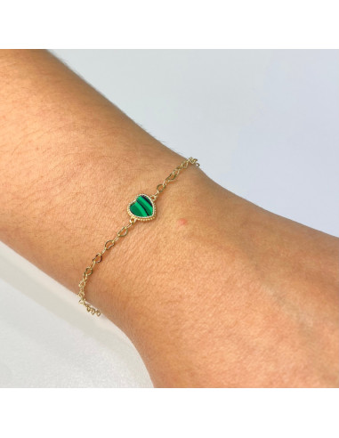 PULSERA EN PLATA DORADA CORAZÓN VERDE