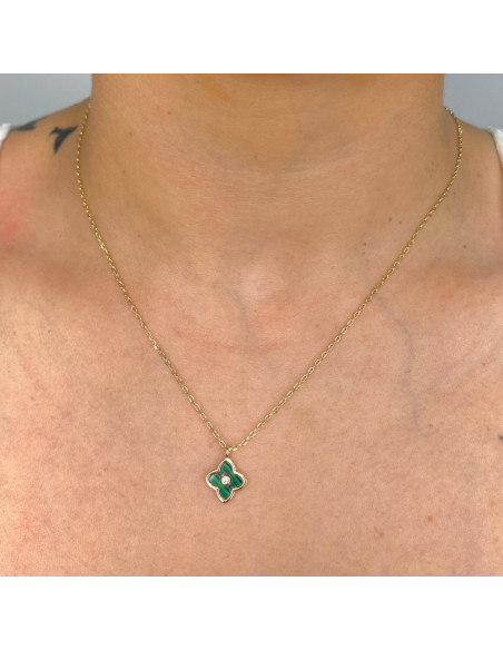 GARGANTILLA EN PLATA DORADA FLOR VERDE CIRCONITA