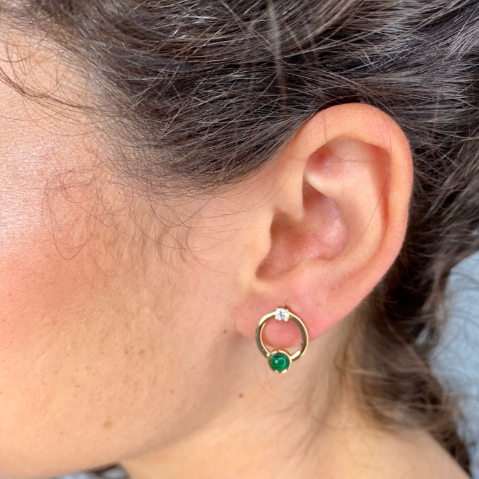 PENDIENTES EN PLATA DORADA CIRCULO CALADO PIEDRA VERDE Y CIRCONITA 2