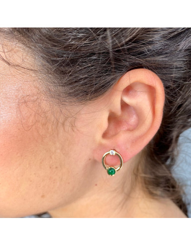 PENDIENTES EN PLATA DORADA CIRCULO CALADO PIEDRA VERDE Y CIRCONITA