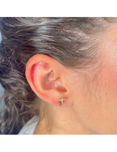 PENDIENTES EN ORO DOS CRUCES Y CIRCONITAS BLANCAS