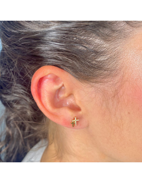 PENDIENTES EN ORO DOS CRUCES Y CIRCONITAS BLANCAS