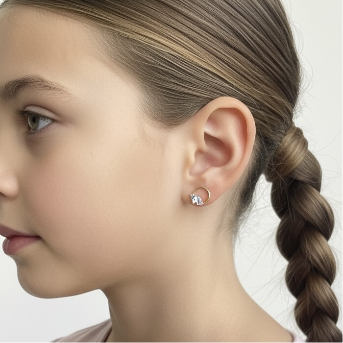 PENDIENTES EN ORO FORMA ARO Y UNICORNIO CON ESMALTE 2