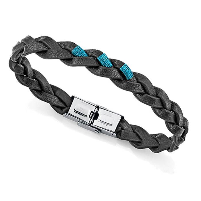 PULSERA DE HOMBRE DE VICEROY DE CUERO TRENZADO NEGRA CON HILOS TURQUESA 14333PO1010