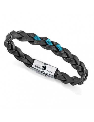 PULSERA DE HOMBRE DE VICEROY DE CUERO TRENZADO NEGRA CON HILOS TURQUESA 14333PO1010
