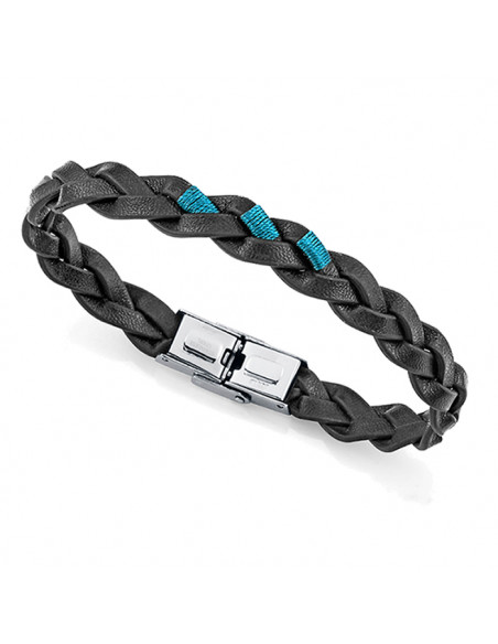 PULSERA DE HOMBRE DE VICEROY DE CUERO TRENZADO NEGRA CON HILOS TURQUESA 14333PO1010
