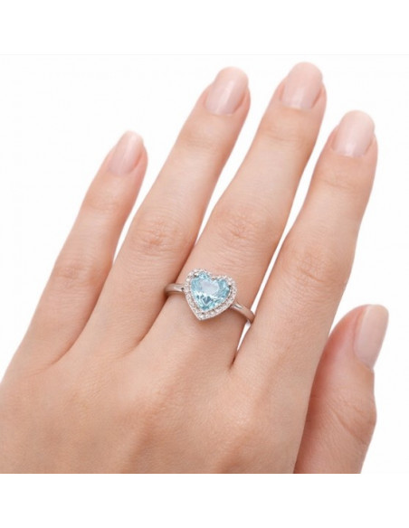 ANILLO EN PLATA CIRCONITA AZUL BLANCA CORAZÓN