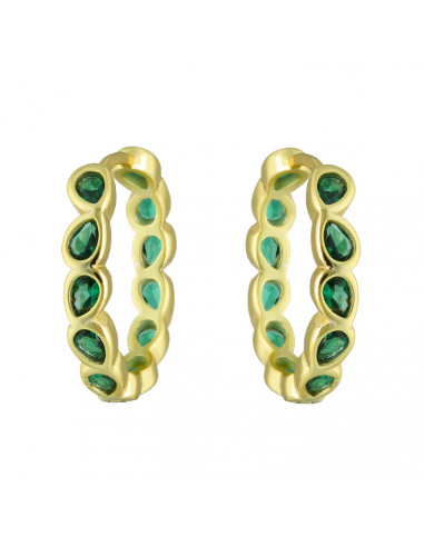 PENDIENTES EN PLATA DORADA FORMA ARO CIRCONITAS VERDES