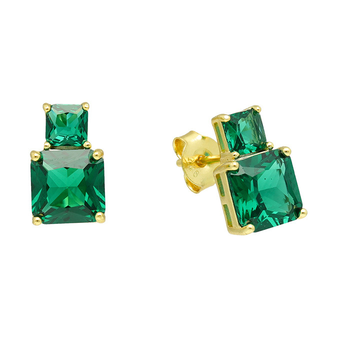 PENDIENTES EN PLATA DORADO CIRCONITAS CUADRADAS VERDES