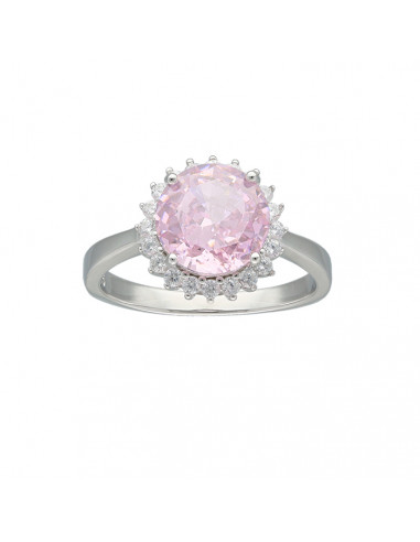 ANILLO DE PLATA CON ROSETA Y PIEDRA ROSA REDONDA