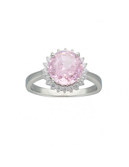 ANILLO DE PLATA CON ROSETA Y PIEDRA ROSA REDONDA