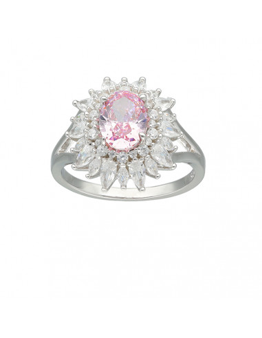 ANILLO DE PLATA CON ROSETA OVALADA Y PIEDRA ROSA